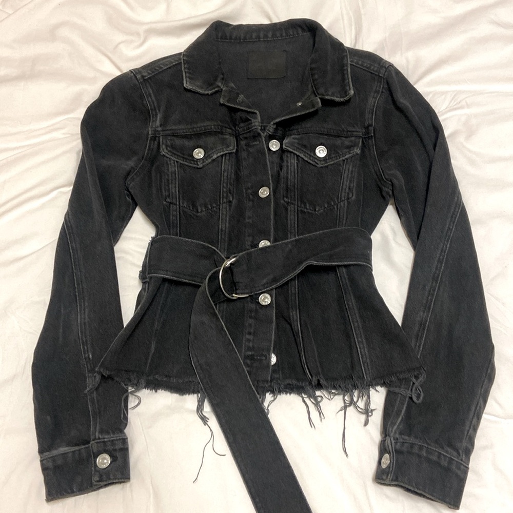 PAIGE Corset Seamed Belted Denim Trucker Jacket